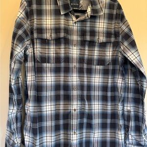 Prana Men's Navy and White Plaid Button Down Shirt